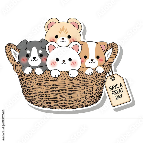 Cute cartoon puppies and a kitten peeking out of a woven basket with a "Have a Great Day" tag, illustration