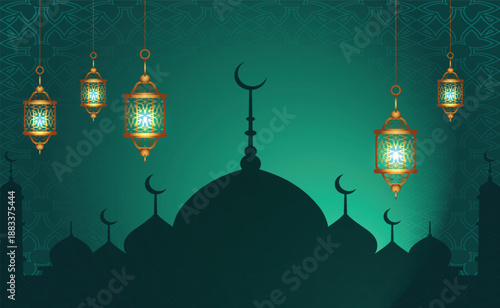 Elegant Ramadan Kareem Background with Mosque Silhouette and Golden Hanging Lanterns