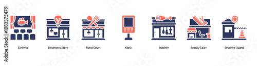 Food and Facilities web banner vector illustration featuring Cinema, Electronic Store, Food Court, Kiosk, Butcher, Beauty Salon, and Security Guard.