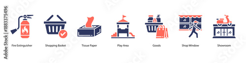 Store Goods web banner vector illustration featuring Fire Extinguisher, Shopping Basket, Tissue Paper, Play Area, Goods, Shop Window, and Showroom.