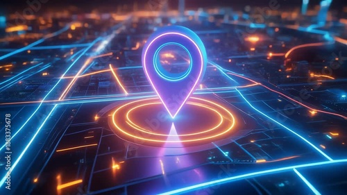 Neon location pin hovering over a glowing digital city grid, representing smart navigation, GPS tracking, and futuristic location based technology systems.