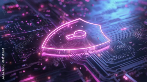 Neon shield with keyhole integrated into a circuit board surface, symbolizing data privacy, cyber defense, and secure digital infrastructure protection.