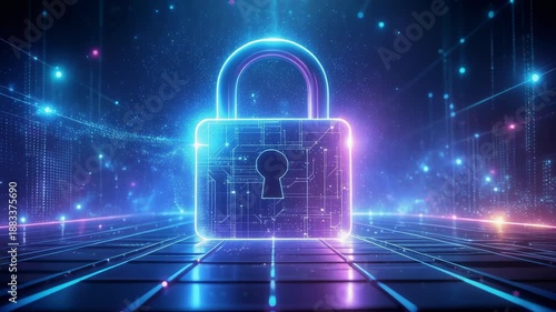 Glowing digital padlock with flowing data streams creating a futuristic cybersecurity protection concept in a neon network environment.