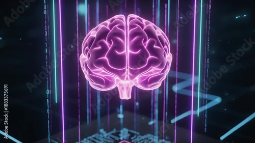 Glowing artificial brain emerging from a microchip, symbolizing advanced AI processing power, neural computing, and next generation technology innovation.