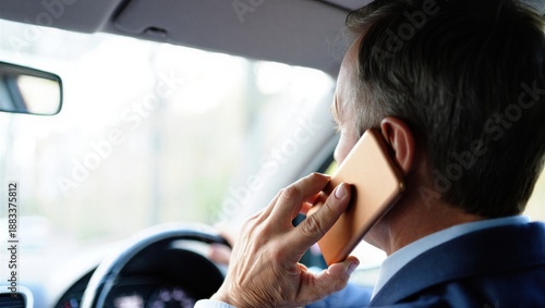 A man in a suit is talking on his smartphone while driving a car. The scene captures a blend of business and daily commuting.