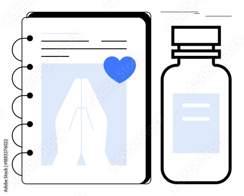 Notebook with praying hands and heart, paired with a medicine bottle. Ideal for wellness, self-care, health, gratitude, spirituality, holistic healing balance. Simple flat metaphor