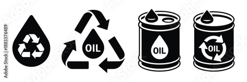 Waste oil recycling icons, barrel disposal symbols, eco-friendly fuel management, environmental sustainability vector graphics, industrial recycling illustration