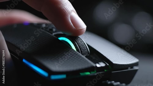 Precision Control: A finger interacts with the scroll wheel of a sleek gaming mouse, set against a dark backdrop, highlighting the power of digital interaction and seamless navigation.