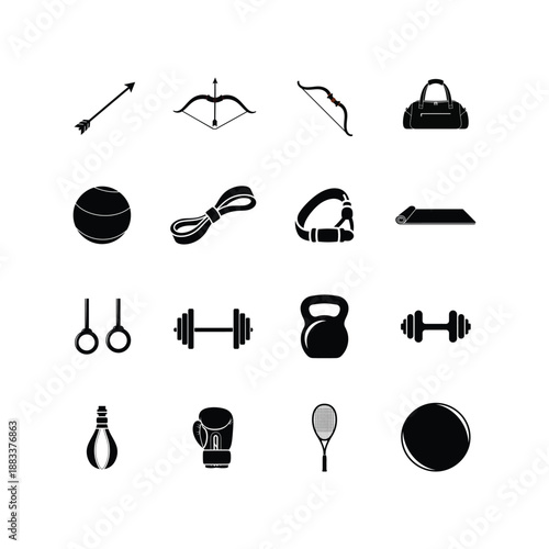 Fitness and Gym Equipment Icon Set - Black Solid Vector Illustration.