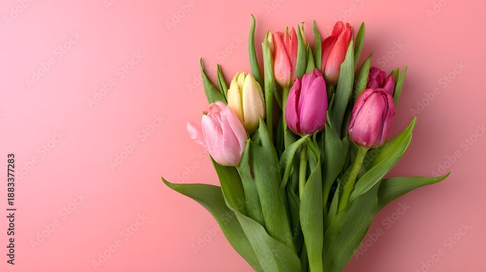 Obraz premium Colorful Spring Tulip Bouquet on Pink Background. Spring, Mothers Day, Birthday, or Valentines Day Greeting Card Concept. Colorful tulip bouquet wrapped on pink background.
