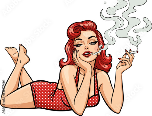 Retro pin-up style illustration, red-haired woman, polka-dot outfit, smoking pose, vintage comic art, pop culture, nostalgic fashion, stock vector
