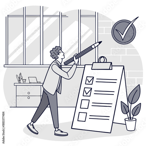Businessman completing checklist items with a huge pencil, representing achievement and planning. This illustration depicts a motivated businessman standing in an office setting, actively engaging