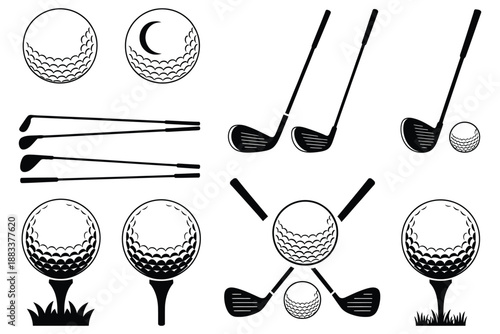 Vintage golf club ball set, retro wooden clubs and textured balls, classic sports equipment illustration, nostalgic golf vector design, heritage golf artwork, traditional golfing graphics