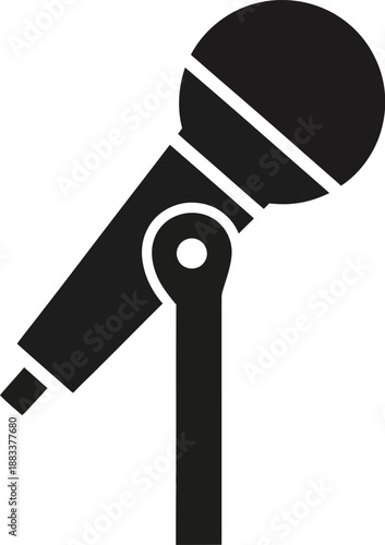 A black silhouette icon of a microphone on a stand used for audio recording or performance