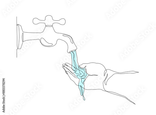 Continuous one line illustration of a hand washing under a water tap, symbolizing sanitation and water conservation, suitable for icons, infographics, and sustainable design concepts. Editable stroke
