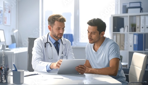 Doctor consulting patient with tablet in modern medical office setting