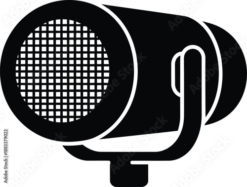 A black and white icon depicting a professional stage spotlight or studio light