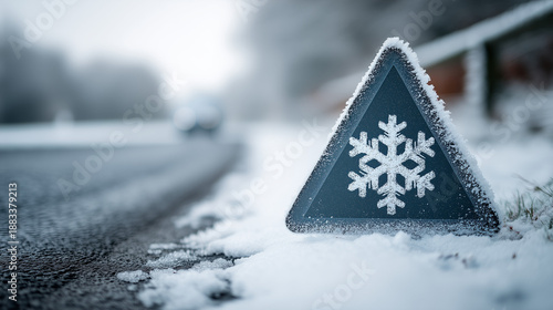 Blue winter road sign with a snowflake symbol placed beside a snowy road indicating slippery driving conditions.