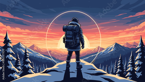 Winter mountain adventure illustration, hiker on snowy peak, sunrise landscape, pine forest, surreal sun glow, solitude nature, cartoon style, stock vector