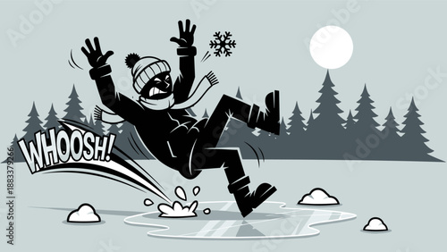 Winter slip cartoon, person falling on ice, WHOOSH motion text, snowy forest moonlight, humorous accident, cold weather hazard, stock vector