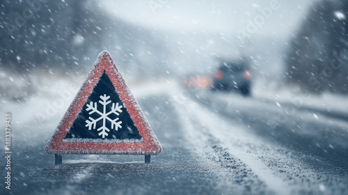 Snowflake warning road sign covered with snow during heavy snowfall on a winter road, symbolizing dangerous driving conditions and winter weather hazards.