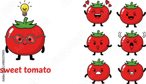 Sweet tomato character set, cartoon vegetable emotions, angry happy love poses, glasses lightbulb idea, red cute food illustration, stock vector