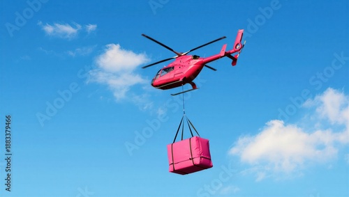 A pink helicopter hovers in the sky, carrying a large pink package below. Aerial delivery service concept.