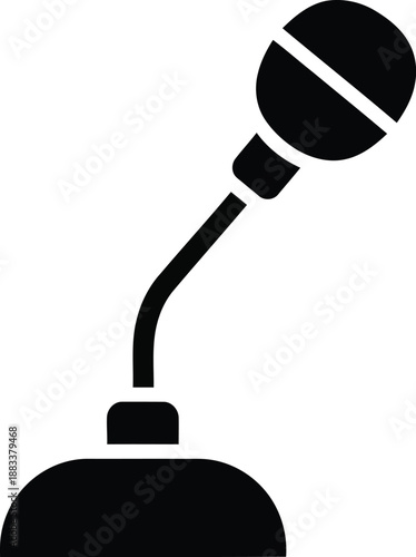 A simple black silhouette icon of a desktop microphone for sound recording and communication