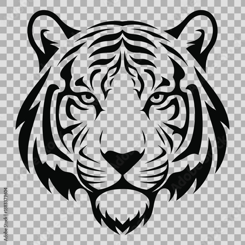 Tiger head vector silhouette of a wild animal face for a feline logo design or tribal tattoo illustration featuring a powerful big cat wildcat in black wildlife nature styleTiger head vector silhouett