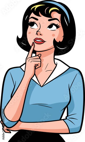 Thinking pose cartoon, person with headband, blue top illustration, thoughtful expression, white background, decision concept, stock vector, educational use