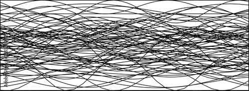 Dynamic intertwining black lines form complex wave patterns on a white background, conveying motion and chaos.