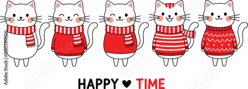 Cute winter cats vector illustration set with cozy sweaters, scarves, smiling kittens, and adorable kawaii cartoon style