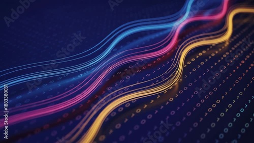 Neon Light Trails on Dark Blue Background with Dots