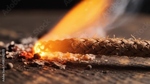Close Up Of Lit Brown Fuse With Sparks On Wooden Surface In Dark Setting