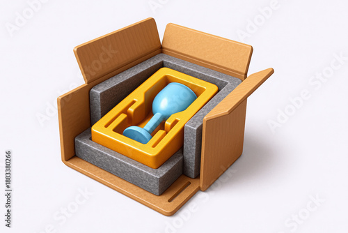 A colorful blue trophy nestled in a protective packaging box, showcasing creativity and care.