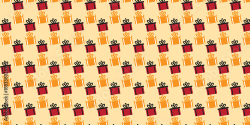 Seamless repeating pattern of wrapped gift boxes with bows