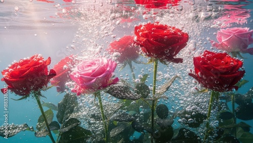 Vibrant red and delicate pink roses gracefully submerged underwater, surrounded by countless effervescent bubbles, creating a fresh, luminous, and romantic scene.