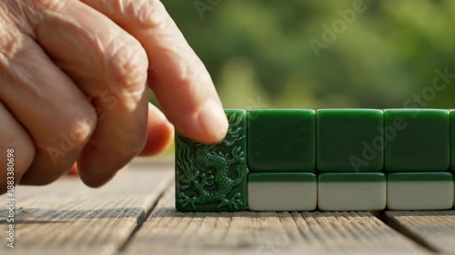 Strategic Placement: A hand, weathered by time, delicately positions a intricately carved tile, the game in progress, evoking a sense of contemplative focus, and the strategy of the gameplay.
