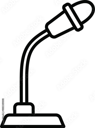 A simple black outline icon of a gooseneck microphone on a flat stand