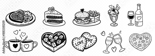 Valentine food and drink line icons set