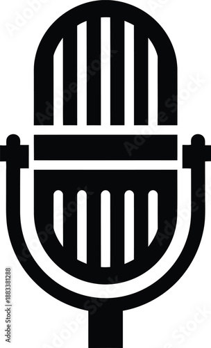 Simple black and white retro microphone icon for audio recording and broadcasting