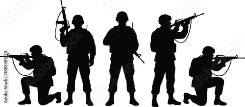 Army soldier silhouettes set, tactical combat poses with rifles, standing and kneeling warriors, modern military action collection isolated vector illustration