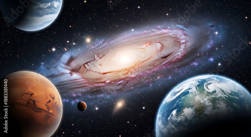 Aerial view of planets and galaxy in outer space with Whisk elements visible
