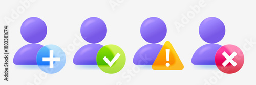 3D social media avatar icon set with various sign. Add new user, accept profile, suspicious activity, user not accepted