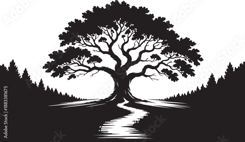 Lonely Tree with River – Black and White Nature Silhouette Illustration
