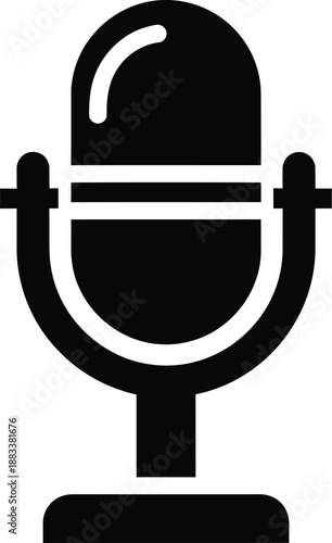 A minimalist black icon illustration of a retro microphone on a stand against a white background.