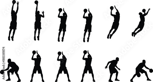 Basketball shooting silhouettes set, players jumping, aiming and dribbling ball, dynamic sports action poses, professional training vector illustration collection