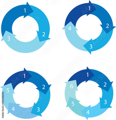 Set of Circular Arrow Cycle Diagrams with 3, 4, 5, and 6 Stages, Blue Infographic Workflow Process
