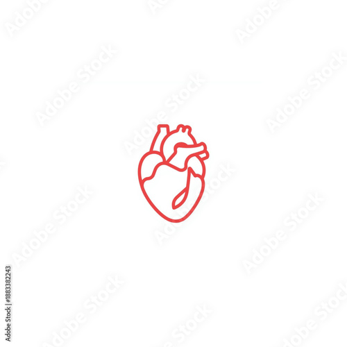 A minimalist red outline vector icon of a human anatomical heart on a white background. This clean graphic symbolizes health, love, and medical concepts for modern design