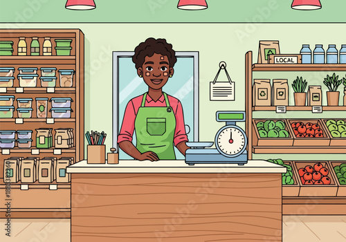 Local market shopkeeper standing behind counter with organic food